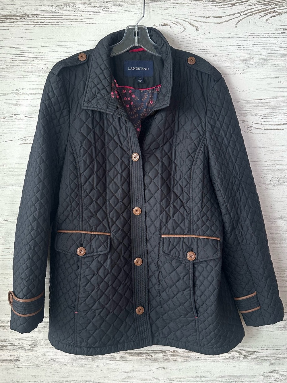 Lands' End Quilted Navy Blue Pea Coat with Brown Trim